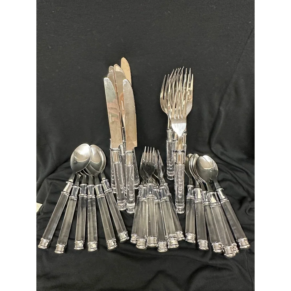 Vintage Look 32 Pce Set Flatware Clear Acrylic Handles Stainless Steel Plus Tray